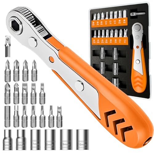 TOOLMAK Right Angle Screwdriver 24 in 1 Ratchet Screwdriver Set | Cr-V Steel, Mini Ratchet Wrench for Tight Spaces, Ideal for Bike Repair & DIY Projects - style: 24pcs Ratchet Screwdriver