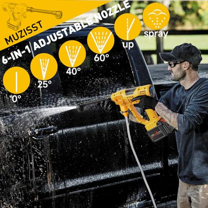 Cordless Car Washer, Portable Cleaning Tool with 6-in-1 Nozzle, 10-Speed Adjustment, Battery Level Display, Self-Priming System for Car, Garden, Patio & Floor Cleaning