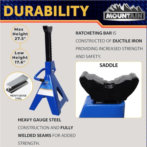Mountain 512005 12 Ton Automotive Jack Stands for Garages, Repair Shops, and DIY, 24,000 lbs. Capacity, Heavy Duty Steel Frame, Adjustable Height 17.6"- 27.5", Wide Base, Black/Blue, Pair