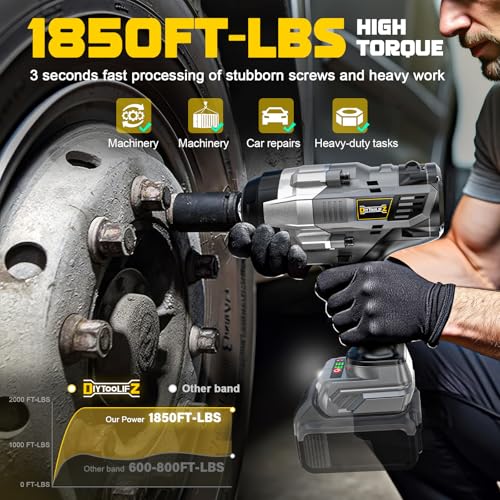 DIYtoolifz 3/4" Cordless Impact Wrench Compatible with Dewalt 20V Battery: 1850FT-LBS(2500N.m) High Torque Impact Driver, Auto-Stop Reverse, 4-Speed Heavy Duty Impact for Car/Truck/Mower(Bare Tool) - size: 3/4 inch, style: Compatible with Dewalt 20V Batte