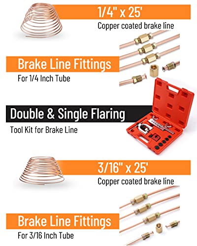 25 ft 3/16" + 1/4" Copper Coated Brake Line Kit (Includes 32 Fittings and 8 Unions)+ Brake Line Double & Single Flaring Tool Kit