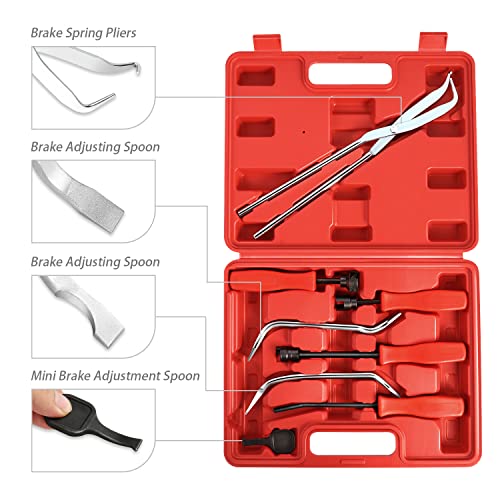 DNA Motoring TOOLS-00245 8-Pcs Brake Service Kit - Brake Spring Installer Remover Plier Tools Set with Carrying Case,Red - color: Red
