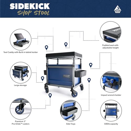 URBANTRANSIT Sidekick Heavy Duty Shop Stool - 500 Lb Capacity Rolling Stool for the Garage and Workshop with Toolbox Storage and 360 Degree Swivel Wheels - an Ideal Mechanics Stool or Workshop Stool