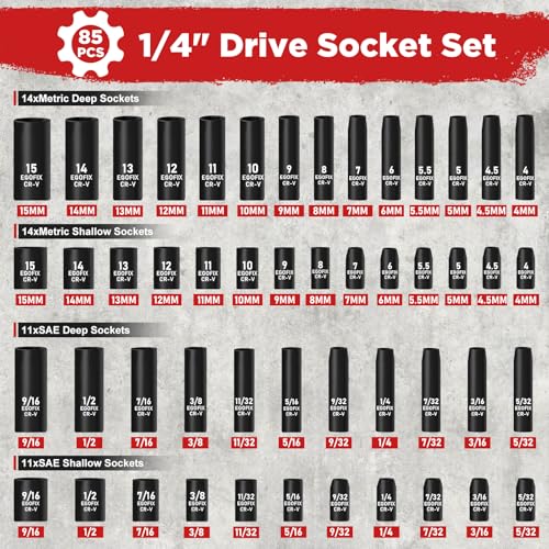 1/4" Socket Set 85 Piece, Metric Shallow/Deep Sockets (4-15mm) and SAE Shallow/Deep Sockets (5/32-9/16), Screwdriver Bit Set, Tool Kit for Home Use and Automotive Repair - style: 1/4-85PCS