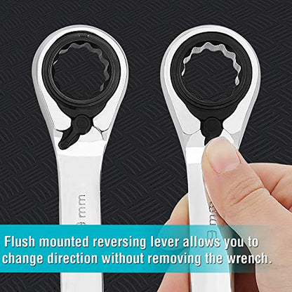 DURATECH Reversible Ratcheting Combination Wrench Set, Metric, 9-Piece, Open end Spanner with Rolling Pouch, 8 mm to 19 mm, 12 Point, CR-V Steel - size: Metric