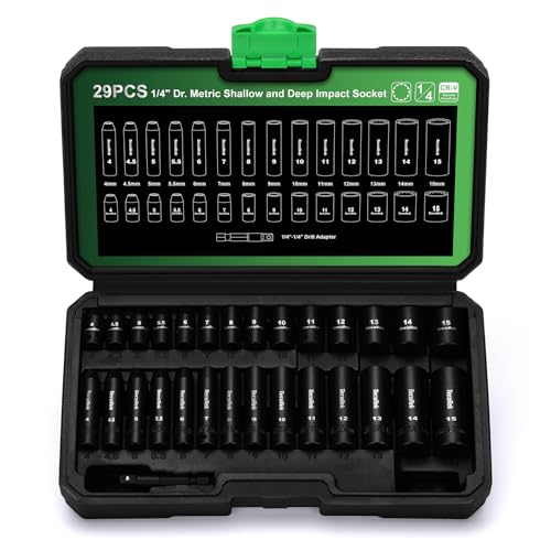 TecoTek 29 Pieces 1/4-Inch Drive Shallow and Deep 12-Point Impact Socket Set, CR-V, 4-15mm Metric, 1/4"-1/4" Drill Adapter - size: 4 - 15 mm (29 PCS)