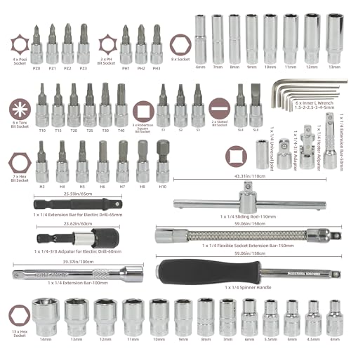 63Pcs 1/4-Inch Drive Click Torque Wrench Set(1-25 N.M/20-240IN.LB)，with Bit Socket Set Metric and Extension Bar for Auto Repairing and Household, with Storage Case - size: 63Pcs 1/4"Torque Wrench(1-25 N.M/10-222.5IN.LB)