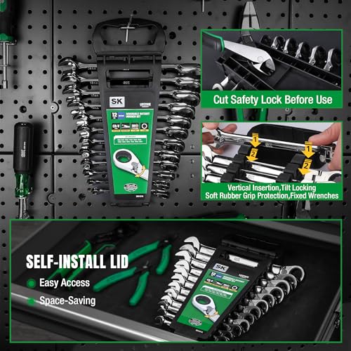 SK Reversible Ratcheting Wrench Set, Combination Wrench Set, 12-Piece, Metric 8-19 mm, 72-Tooth, Premium CR-V Construction, with Rack Organizer - size: 8-19 mm