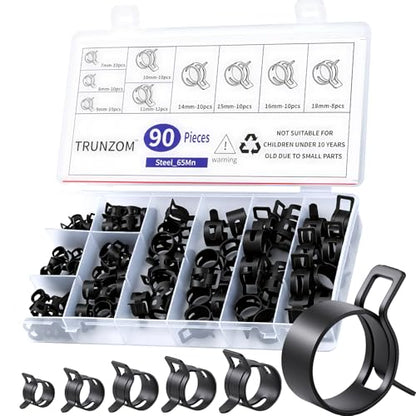 90Pcs 7-18mm Spring Hose Clamps Kit, Black Small spring Clamp, Constant Tension Steel Clamps for Automotive Fuel Lines, Silicone Vacuum Hoses, Low-Pressure Air Clips - size: 90 pcs