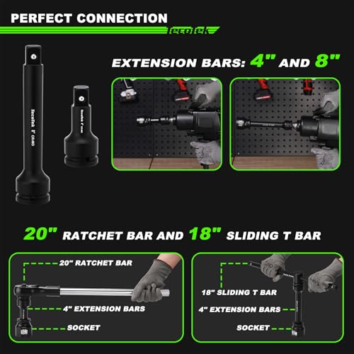 TecoTek 3/4" Drive Shallow 6-Point Impact Socket Set, 27-Piece Jumbo Assortment, CR-MO, SAE (7/8-Inch to 2-Inch) and Metric (22mm to 50mm), Ratchet Handle with Extensions