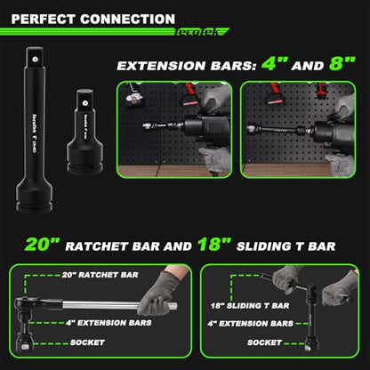 TecoTek 3/4" Drive Shallow 6-Point Impact Socket Set, 27-Piece Jumbo Assortment, CR-MO, SAE (7/8-Inch to 2-Inch) and Metric (22mm to 50mm), Ratchet Handle with Extensions