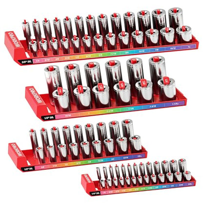 WORKPRO Socket Organizer Set, 4PC 1/4" 3/8" 1/2" Drive SAE Socket Holder | Fits Impact Sockets, Holds 82 Pieces Sockets, Large Capacity, Clear Size Identification, Socket not Included - size: 4 Pieces-1/4", 3/8", & 1/2" DR, SAE