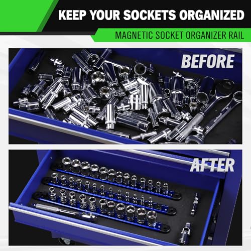 3/8-Inch Magnetic Socket Organizer Rail, Aluminum Alloy Socket Rail, Heavy Duty Sockets Holder with 14 Clips, 360° Swivel Clip Tool Tray, Sockets Organizer for Tool Box Drawer (Blue) - style: Blue 3/8-inch