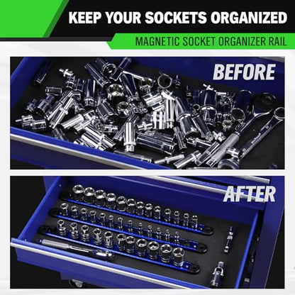 3/8-Inch Magnetic Socket Organizer Rail, Aluminum Alloy Socket Rail, Heavy Duty Sockets Holder with 14 Clips, 360° Swivel Clip Tool Tray, Sockets Organizer for Tool Box Drawer (Blue) - style: Blue 3/8-inch