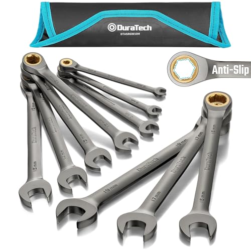DURATECH Anti-Slip Ratcheting Wrench Set, Combination Wrench Set, 10-Piece, Metric 6-18mm, 72-Tooth, Nickel Plating, CR-V Steel, with Pouch - size: 6.0-18.0mm, style: Anti-slip
