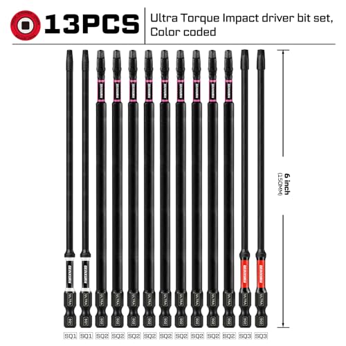 Geinxurn Double Impact #1#2#3 Square Screwdriver Bits Set, 13pcs 6” (PH1/PH2/PH3) Magnetic D2 Steel Long Extension Driver Bits Set with Color Coded Base - size: 13pcs-6“-SQ