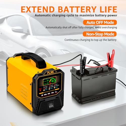 PLXX 12V 24V Car Battery Charger Heavy Duty 0-15A Automatic Smart Trickle Charger with Auto Shutoffs, Repair, Winter Mode, for Automotive Car Truck Motorcycle Lawn Mower Boat Marine AGM