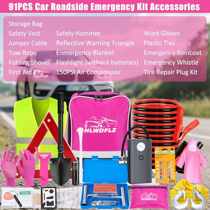 Car Roadside Emergency Kit, Vehicle Truck Safety Emergency Road Side Assistance Kits with Jumper Cables, Pink - color: Pink, size: 91pcs