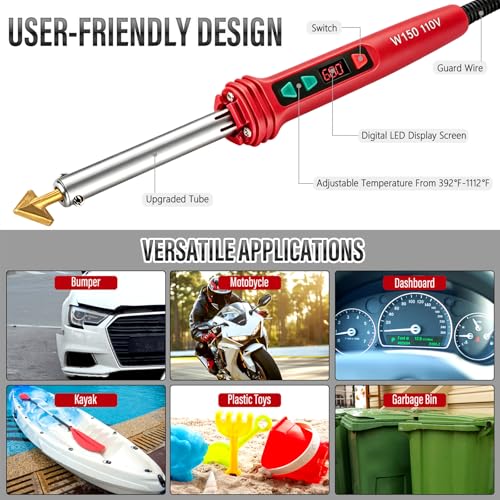 150W LED Digital Adjustable Temperature Plastic Welder, 3 IN 1 Welding Kit with 70PCS Rods, 3 Tips Welder Soldering Iron Kit, Plastic Repair Kit for Car Bumper/Kayaks,etc (Red)