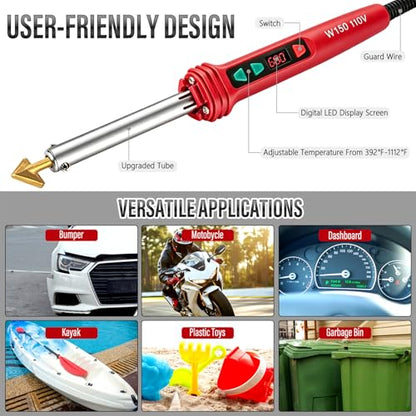 150W LED Digital Adjustable Temperature Plastic Welder, 3 IN 1 Welding Kit with 70PCS Rods, 3 Tips Welder Soldering Iron Kit, Plastic Repair Kit for Car Bumper/Kayaks,etc (Red)