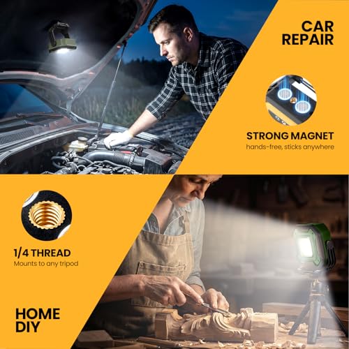 2-Pack 6000mAh Rechargeable LED Work Light, 16Hrs Long-Lasting 1200LM Waterproof Magnetic Job Site Lighting, 180° Rotating 4 Modes 6500K Work Lamp for Car Repair Mechanic Camping Fishing Emergency - color: Green