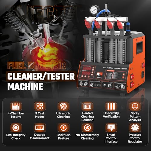 Fuel Injector Cleaner Tester Machine, 13 Test Modes 110V Ultrasonic Fuel Injector Cleaner Kit with Heating, 4-Cylinder Auto Fuel Injector Tester for Diesel Gasoline Car Motorcycle