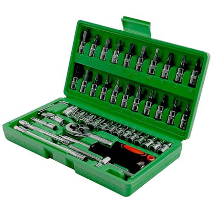 46pcs 1/4" Screw Driver Socket Ratchet Wrench Set, With Bit Socket Set Metric And Extension Bar For Auto Repairing And Household, With Storage Box (46, Green)