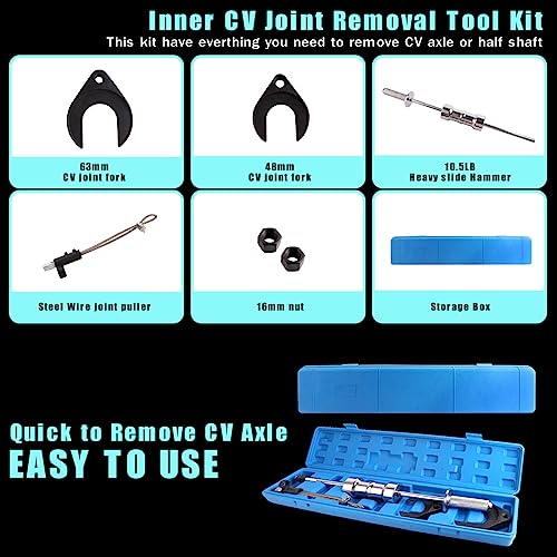 CV Axle Removal Tool with Slide Hammer for Inner CV Joints | Heavy-duty 10 LB Slide Hammer Kit with 63mm & 48mm Fork Adapters for Front Wheel Drive Axle Removal