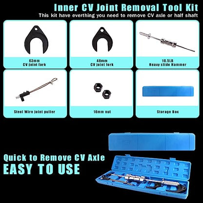 CV Axle Removal Tool with Slide Hammer for Inner CV Joints | Heavy-duty 10 LB Slide Hammer Kit with 63mm & 48mm Fork Adapters for Front Wheel Drive Axle Removal