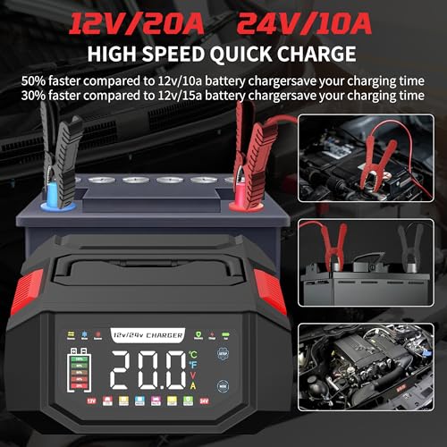 20A Battery Charger, 12V/24V Fully Automatic Trickle Charger, Red | Adjustable 1-20A Car Battery Charger, Battery Maintainer, Pulse Repair, for LiFePO4, Lead Acid, Deep Cycle Batterie
