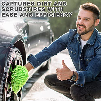Riakrum 12Pcs Car Wash Mitts - Chenille Microfiber Wash Mitts for Car Washing,Scratch Free,Reusable Waterproof Gloves for Cars, Trucks and Boats 7.5'' x 10.2''