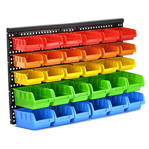 30-Bin Wall Mounted Storage Bins Kit, Tool Organizer Rack, Garage Hardware Organizer, 5 Color Parts Storage Bins, DIY Combination - size: 25.2inch*16.2inch, style: Style-501
