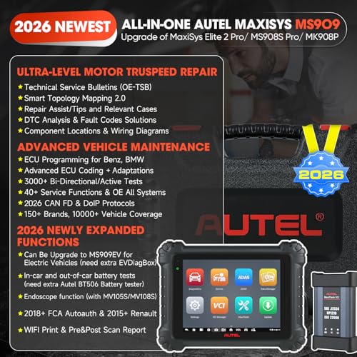 Autel Scanner MaxiSys MS909 Intelligent Scan Tool, 2026 Motor TruSpeed Same as MSUltra Ultra S2 MS919, TSB, Topology 2.0, Up of Elite 2 PRO MS908S PRO II, DOIP & CAN FD, 40+ Service, 3K+ Bidirectional