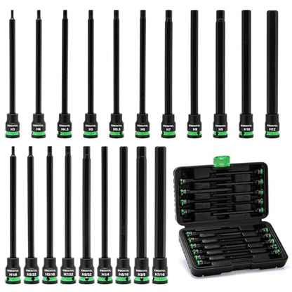 EMENTOL 3/8-Inch Drive Allen Hex Bit Socket Set, 20PCS Extra Long, SAE & Metric (3mm - 12mm, 1/8"-7/16"), CR-V, S2 Alloy Steel Bit - size: Hex Bit 3mm - 12mm & 1/8"-7/16"