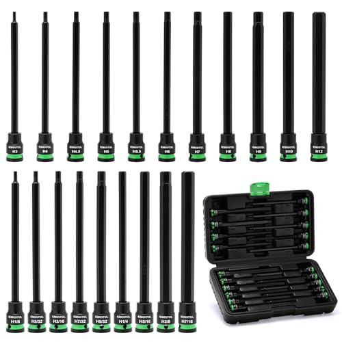 EMENTOL 3/8-Inch Drive Allen Hex Bit Socket Set, 20PCS Extra Long, SAE & Metric (3mm - 12mm, 1/8"-7/16"), CR-V, S2 Alloy Steel Bit - size: Hex Bit 3mm - 12mm & 1/8"-7/16"