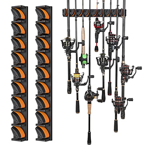 PLUSINNO V9 Vertical Fishing Rod Holders, 2 Packs Wall Mounted Fishing Pole Holders, Fishing Rod Racks Hold Up to 18 Rods or Combos, Fishing Pole Holders for Garage, Fishing Gear and Gifts for Men - style: Orange 2-pack (store 18 combos)