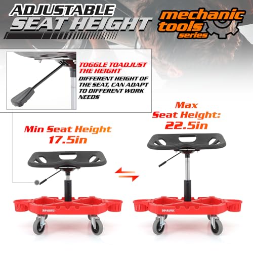 M-AUTO Padded Seat Shop Chairs for Garage with Wheels, 17.5”-22.5” Height Adjustable Swivel Mechanics Seat with Tool Organizer Tray for Garage and Garden, 300lbs Capacity - size: 22.5"