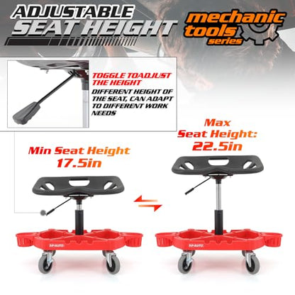 M-AUTO Padded Seat Shop Chairs for Garage with Wheels, 17.5”-22.5” Height Adjustable Swivel Mechanics Seat with Tool Organizer Tray for Garage and Garden, 300lbs Capacity - size: 22.5"