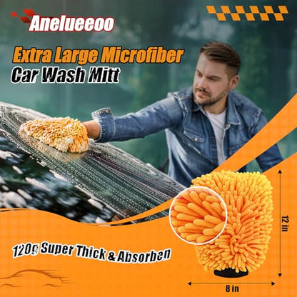 4 Pack Car Wash Mitt Microfiber, Premium Chenille Microfiber Wash Car Mitts Sponge Scratch Free & Lint-Free, Mitts Waterproof Lining Orange (8''X12'') - size: XCST_8X12IN_OG_4PCS