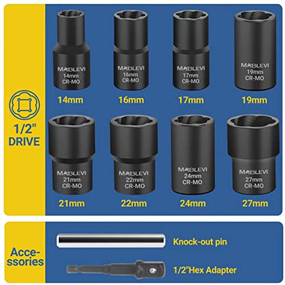 MABLEVI 10 PCS Bolt Nut Extractor Set, 1/2" Drive Impact Lug Nut Remover Socket Tool with Center Punch Bar for Damaged, Frozen, Studs, Rusted, Rounded-Off Bolts, Nuts & Screws - size: 10-piece