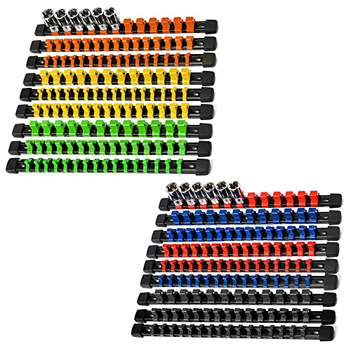 Reniteco 18-Pack Socket Organizer Set, 1/4" x 96 3/8" x 90 1/2" x 72 Clips | 258 Clip Capacity, Havy-Duty ABS Socket Rails, Removable Clips, Drive Socket Storage, Toolbox Drawer or Wall Mount - color: Mix-Color, size: 18 Pcs