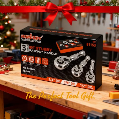 HORUSDY 3 Piece 90T Stubby Ratchet Handle Set, 1/4" 3/8" 1/2" Drive Mini Socket Wrench, Compact Reversible Ratchets for Tight Spaces, Car & Home Repair, DIY, Mechanic Tool - style: 1/4" 3/8" 1/2" Drive 90T Set