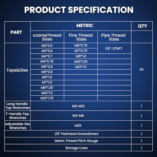 40 PCS Metric Tap and Die Set, Standard Metric Threading Tool Kit for Internal and External Threads, Tap & Die Set with Wrenches for Automotive, DIY, and Metal Repair - size: 40 Pcs Metric