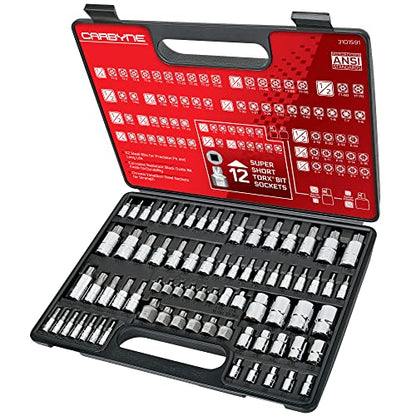 CARBYNE 74-Piece Master Torx Bit Socket Set and E-Torx Socket Set, Stubby Low Profile Super Short T10-T60, Standard T6-T70, Tamper TT6-TT70, Plus TP8-TP60, S2 Steel, Genuine Licensed Torx