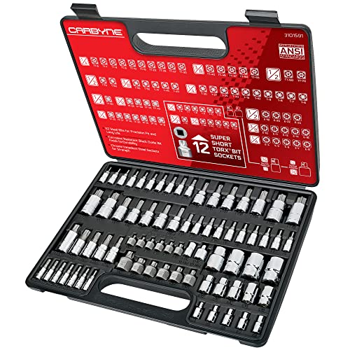 CARBYNE 74-Piece Master Torx Bit Socket Set and E-Torx Socket Set, Stubby Low Profile Super Short T10-T60, Standard T6-T70, Tamper TT6-TT70, Plus TP8-TP60, S2 Steel, Genuine Licensed Torx