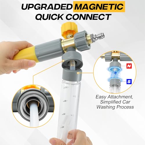 M MINGLE Magnetic Foam Cannon with Dual Connector, Undiluted Foam Blaster | Mini Foam Cannon for Pressure Washer with 5 Nozzle Tips, Magnetic Leakproof Bottle, Adjustable Foam Knob, 1/4" QC, 3600 PSI - size: 100 ML