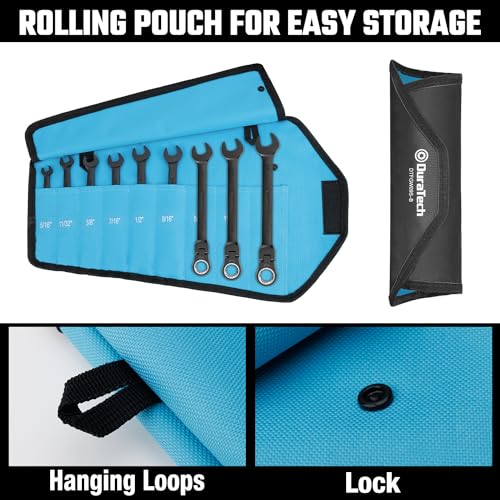 DURATECH 9-Piece Flex-Head Ratcheting Wrench Set, Combination Wrench Set, 72 Tooth, SAE, 5/16'' to 3/4'', Black Electrophoretic Coating, CR-V Steel, with Rolling Pouch - color: Black, size: 5/16 - 3/4 inch