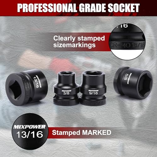 MIXPOWER 11-Piece 1/2" Drive Stubby Impact Socket,CR-MO,3/8"-1",6-Point,SAE,Radius Corner Design, Axle Nut Impact Grade Socket for Easy Removal - size: 1/2" Drive / SAE Set