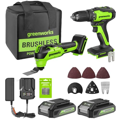 Greenworks 24V Brushless 2PCS Cordless Brushless Power Tool Combo Kit, include 310 in-lbs Drill Driver, 18,000 OPM Multi Tool, 2 x 2Ah Batteries and Charger - size: 2PCS Combo Kits(Drill+Multi-Tool)