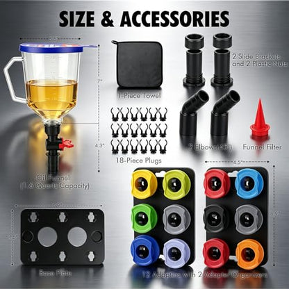 20-Piece Oil Funnel Kit, Engine Oil Funnel Kit 1.59QT/1.5L, Spill-Proof Oil Change Kit with 12 Adapters, Shut-Off Valve, Elbow Fitting, Magnetic Storage System, No Spill Funnel for Automotive